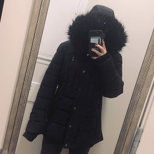 MICHAEL Michael Kors Women's Logo Belted Hood Faux Fur Trim Puffer Coat Black